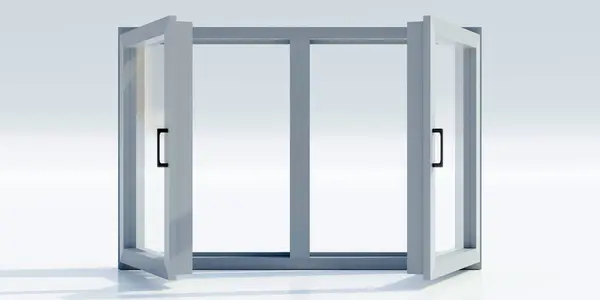 Алюминиевый Новый Серебристый Рамка Открытое Окно Изолированные Вырезы Пустом Белом — стоковое фото
