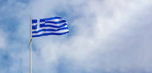 Símbolo Grécia Bandeira Oficial Nacional Grega Mastro Bandeira Acenando Vento — Fotografia de Stock
