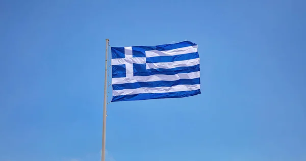 Greece Sign Symbol Greek National Official Flag Flagpole Waving Wind — Stock Photo, Image