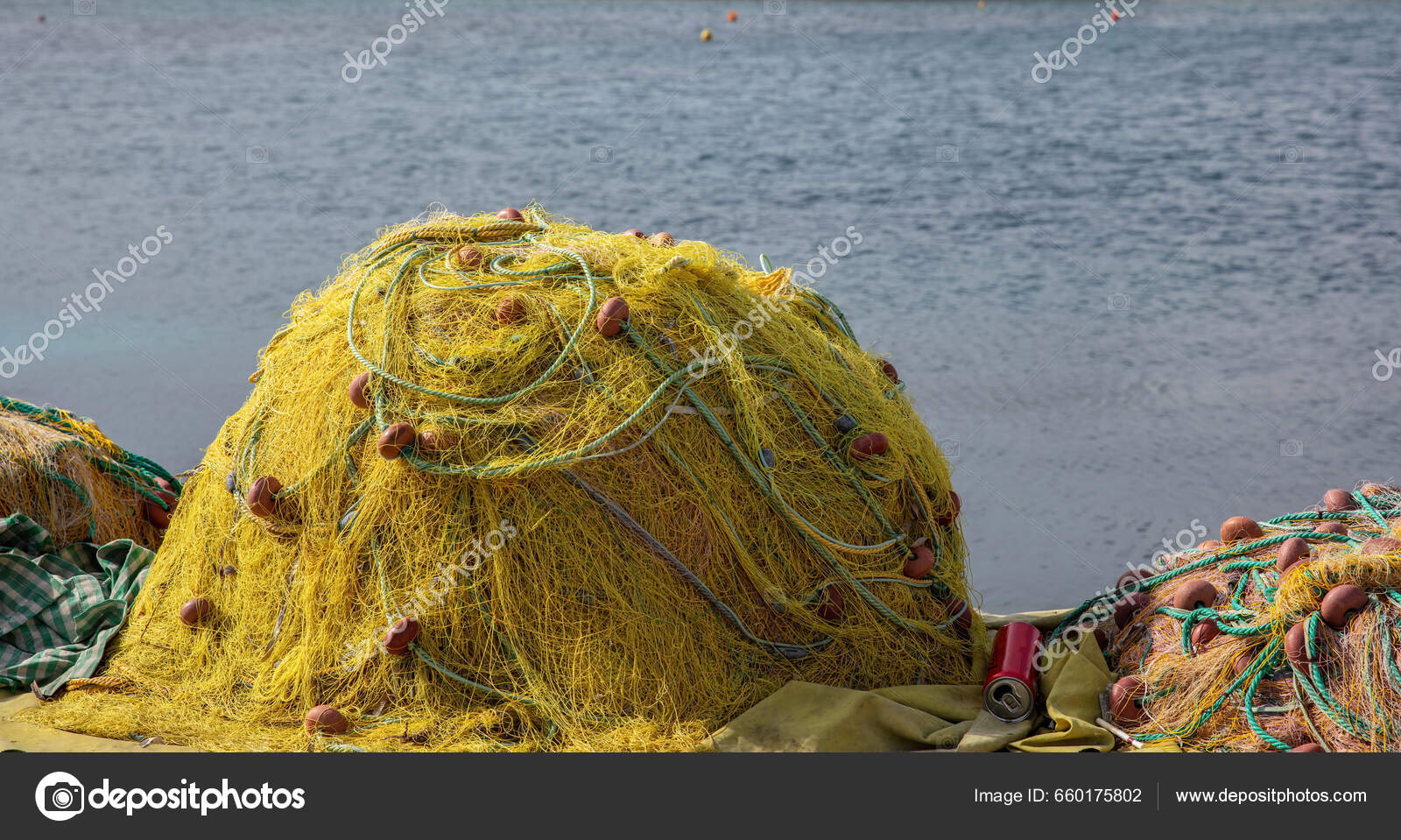 Fishing Net Pile Port Ground Drying Sun Yellow Color Fishnet Stock Photo by  ©gioiak2 660175802