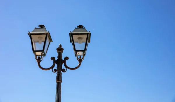 Outdoors Antique Double Metal Lamppost Glass Blue Sky Background View — Stock Photo, Image