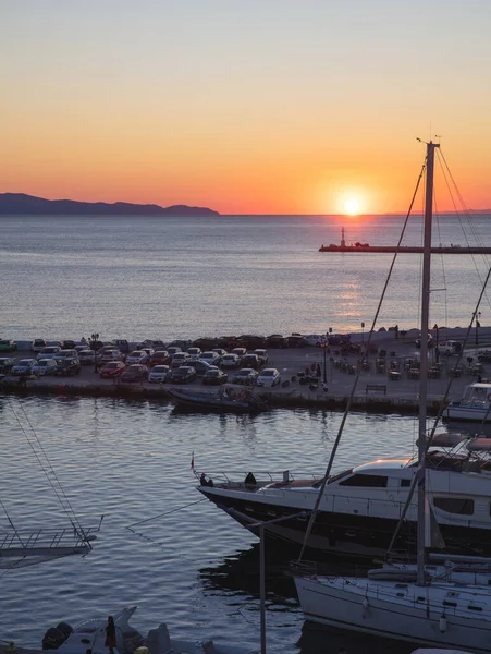 Sunset Tinos Island Cyclades Greece Ship Mast Silhouette Port Car — Stock Photo, Image