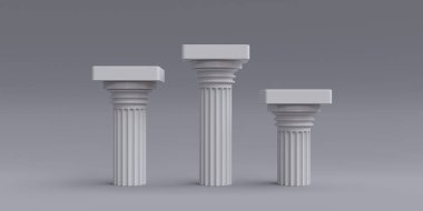 Boş gri arka planda üç beyaz kazanan podyum. Klasik Dorik ritim mermer sütun, medeniyet mimarisi, kopyalama alanı. 3d hazırlayıcı 