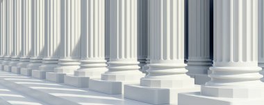 Çift sıra beyaz mermer sütun ve sıraya gir. Merdivenli sütun sütununun bir kısmı, merdivenlerde sütun gölgesi, pankart. 3d hazırlayıcı