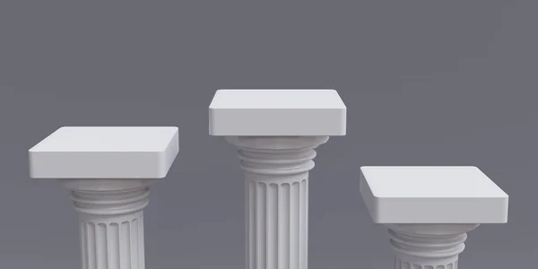 三个白领领奖台空旷的灰色背景经典的多利克节奏大理石柱上部建筑 复制空间 3D渲染 — 图库照片