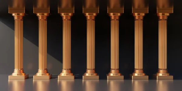 Sechs Goldene Säulen Reihe Auf Leerem Grauen Hintergrund Säulenkolonnade Goldsäule — Stockfoto