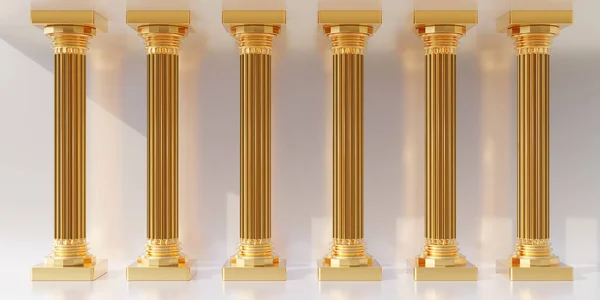 Шість Золотих Стовпів Ряд Ізольовані Порожньому Білому Тлі Колонада Дорична — стокове фото