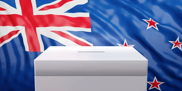 Wybory Nowej Zelandii Urna Głosowania Flaga Narodowa Renderowanie — Zdjęcie stockowe