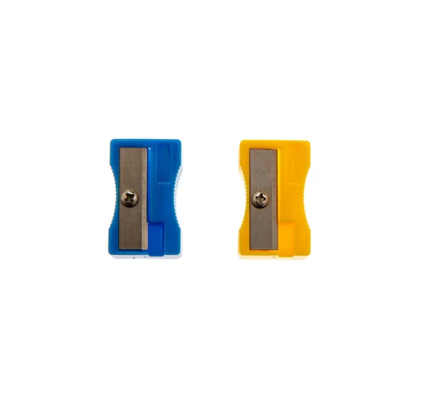 Μπλε Και Κίτρινο Ξύστρες Μολυβιών Που Απομονώνονται Διαφανή Closeup Σχολική — Φωτογραφία Αρχείου