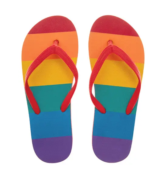 Rainbow Color Teenslippers Paar Geïsoleerd Wit Bovenaanzicht Zomer Vakantie Strand — Stockfoto