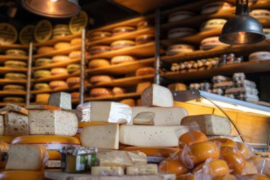 Hollanda peyniri, gouda, parça ve peynir dükkanındaki tüm yuvarlak tekerlek. Geleneksel Hollanda taze ürün, gastronomik turizm kavramı.