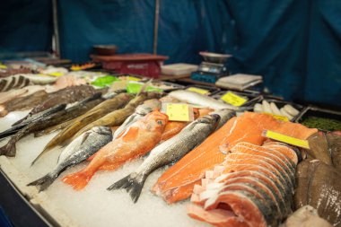 Rotterdam Hollanda 'daki bir mağazada satılık balık çeşitleri. Açık hava pazarında taze deniz ürünleri. Gastronomik turizm kavramı.