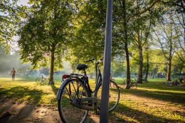 İnsanlar Rotterdam 'ın varış noktası Hollanda' daki parkta çim üzerinde piknik yapmayı veya sporu seviyorlar. Açık yeşil alanda güneşli bir gün, bisiklet direğe ve ağaca park edilmiş..