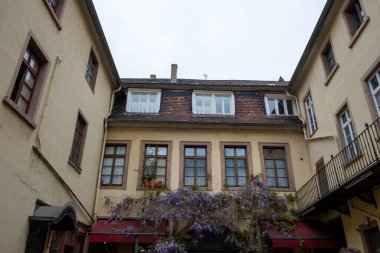 Heidelberg şehri Almanya. Geleneksel Alman mimarisi büyük pencereli, zemin kattan alışveriş yapıyor. Bulutlu gökyüzü, görüş altında.