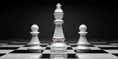 Beyaz Satranç taşları. Satranç kralı ve satranç tahtasında iki piyon. 3d hazırlayıcı