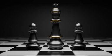 Kara Satranç taşları. Satranç kralı ve satranç tahtasında iki piyon. 3d hazırlayıcı