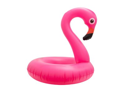 Pembe flamingo şişirilebilir şamandıra halkası beyaz arka planda izole edilmiş, Lifebuoy çocukları yüzüyorlar.