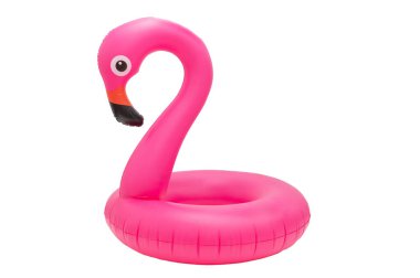 Pembe flamingo şişirilebilir şamandıra halkası beyaz arka planda izole edilmiş, Lifebuoy çocukları yüzüyorlar.