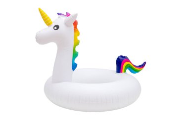 Tek boynuzlu at şişirilebilir şamandıra halkası beyaz arka planda izole edilmiş, Lifebuoy çocukları yüzme güvenliğinde.