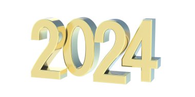 2024 Yeni Yıl altın sarısı beyaz arka planda izole. 3d hazırlayıcı