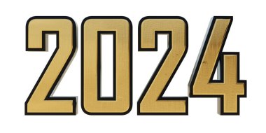 2024 Yeni Yıl altın sarısı beyaz arka planda izole. 3d hazırlayıcı