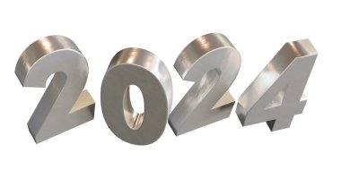 2024 Yeni Yıl gümüş metali beyaz arka planda izole edilmiş, manzaranın üstünde. 3d hazırlayıcı