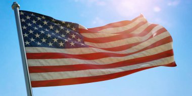 Amerika Birleşik Devletleri bayrağı mavi gökyüzü arka planında dalgalanıyor, güneşli bir gün. 3d hazırlayıcı