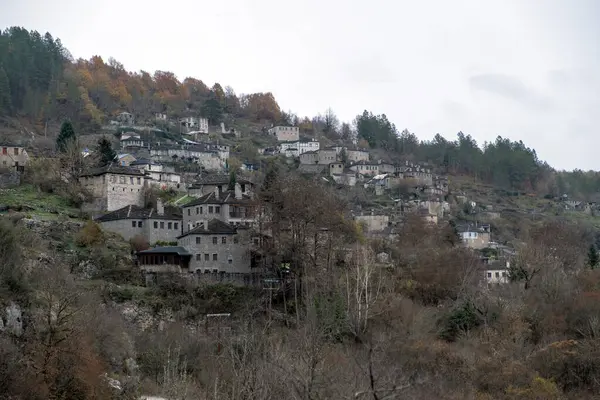 Griechenland Wald Erbautes Dorf Kipoi Zagoria Ioannina Wintertag Traditionelle Epirus — Stockfoto