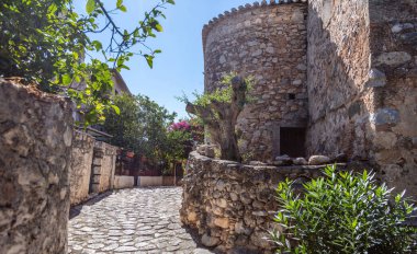 Yeşil bir karada yuvarlak bir kuleye giden taş yol.