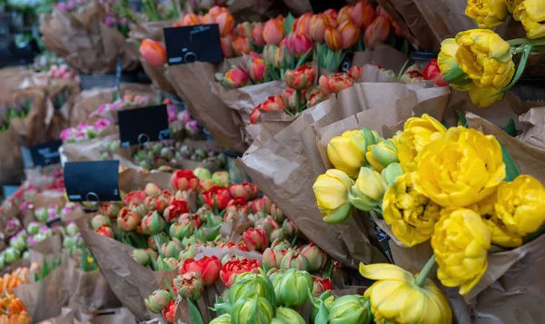 tulip market stall, colorful flower bouquets in metal buckets