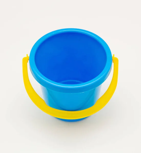 Blue Bucket Toy Yellow Handle Isolated White Background Baby Kid — Stock Photo, Image