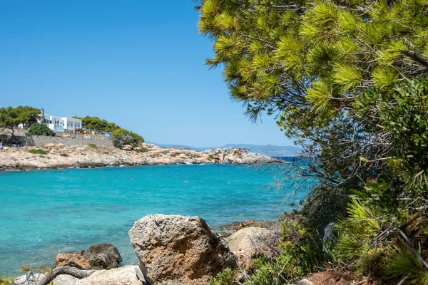 Grekland Agistri Destination Aponisos Stranden Klippig Strand Tall Klar Turkos — Stockfoto
