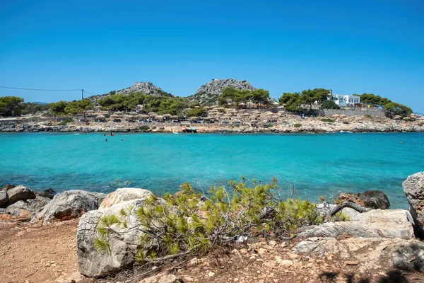 Греція Пляж Афонсісос Острів Агістріст Скелястий Пляж Сосновим Деревом Люди — стокове фото