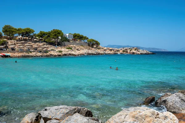 ギリシャ アポンティス ビーチ 目的地 アグナス島 松の木と傘 人々はターコイズ海水 青い空 晴れた日で泳ぐロッキービーチ — ストック写真