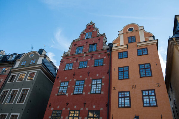Sweden, traditional imposing building at Grand Square, Stortorget the oldest public square in Stockholm Gamla Stan Old Town. Upper part, under view