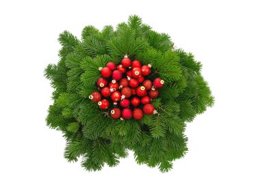 Noel süsü, köknar ağacı dalında kırmızı Xmas topları beyaz şeffaf çelenk üzerinde izole