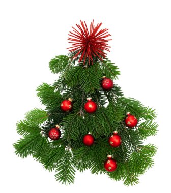 Beyaz şeffaf arkaplanda kırmızı toplarla süslenmiş Noel ağacı.