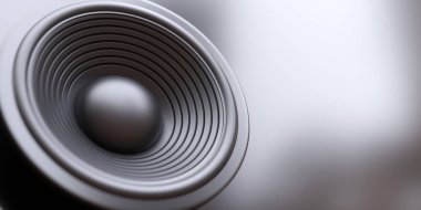 Gümüş renkli arka planda gümüş hoparlör. Yuvarlak şekilli hoparlör, lüks modern tasarım, stereo ses. İlan şablonu, kopyalama alanı. 3d hazırlayıcı