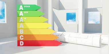 Enerji verimliliği etiketleme bar şeması, ev içi arka planla ilgili plan. Çevre dostu inşaat. 3d hazırlayıcı