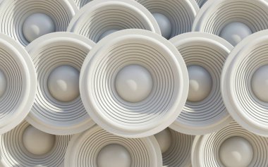 Beyaz hoparlör arka planı. Yuvarlak hoparlörler, ses sistemi, profesyonel ekipmanlar. 3d hazırlayıcı