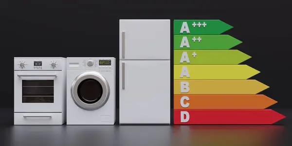 Energy Efficiency Label and Home Appliance. Appliance white set and energy rating chart on black background. Green Home, Economy, Ecology. 3d render