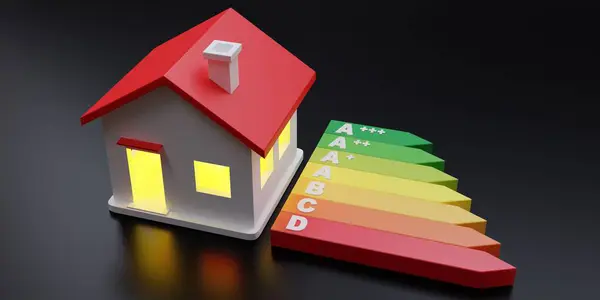 Energy Efficiency Label Classification, illuminated small house on black background. Bar chart, green ecological home. Above view. 3d render