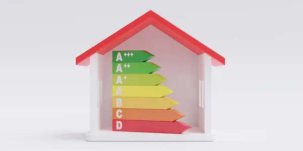 House with Energy Efficiency Label Classification inside isolated cutout on white background. Bar chart, green ecological home. 3d render