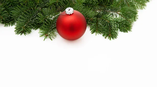 Christmas Greeting Card Red Xmas Bauble Fir Twig Isolated White Stock Picture