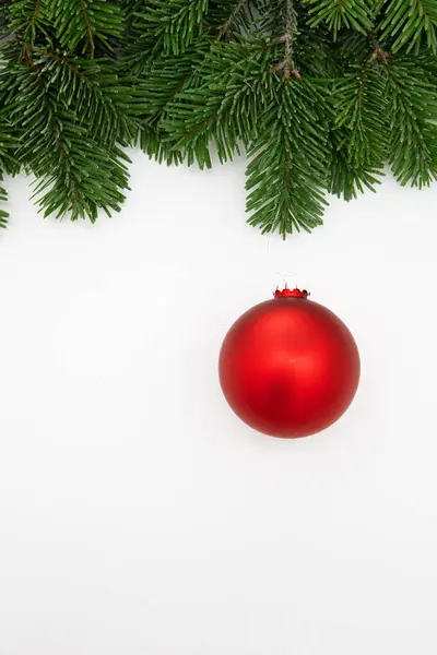 Vánoční Přání Červená Vánoční Ozdoba Jedlové Větvičce Izolované Bílém Pozadí — Stock fotografie