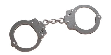 Beyaz şeffaf arka planda izole edilmiş kelepçe. Metal zincir ve kilitli kelepçeler.