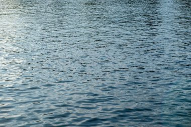 Dalgalanan deniz arka planı dokusu. Parlak yansımalı dalgalı açık mavi okyanus su yüzeyi. Deniz tatili reklam şablonu, kopyalama alanı.