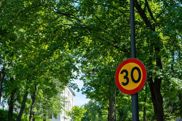 Speed limit zone 30 km. Road sign on pole at residential area, maximum transport limitation, warning circle signpost for driver. Tree background.