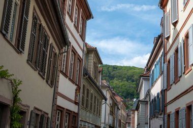 Heidelberg eski kasabası, varış yeri Almanya. Geleneksel etkileyici tarihi binanın dışı. Tepe, doğa, mavi gökyüzü arka planı. Görüntü altında