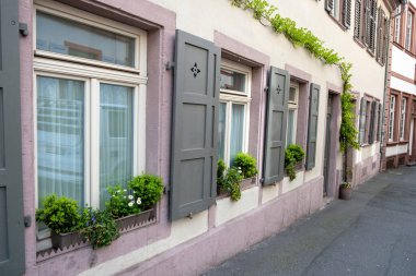 Heidelberg eski kasabası, varış yeri Almanya. Geleneksel Alman mimarisi ile inşa ediliyor. Pencere pervazda saksı bitkisi, ahşap kepenk.